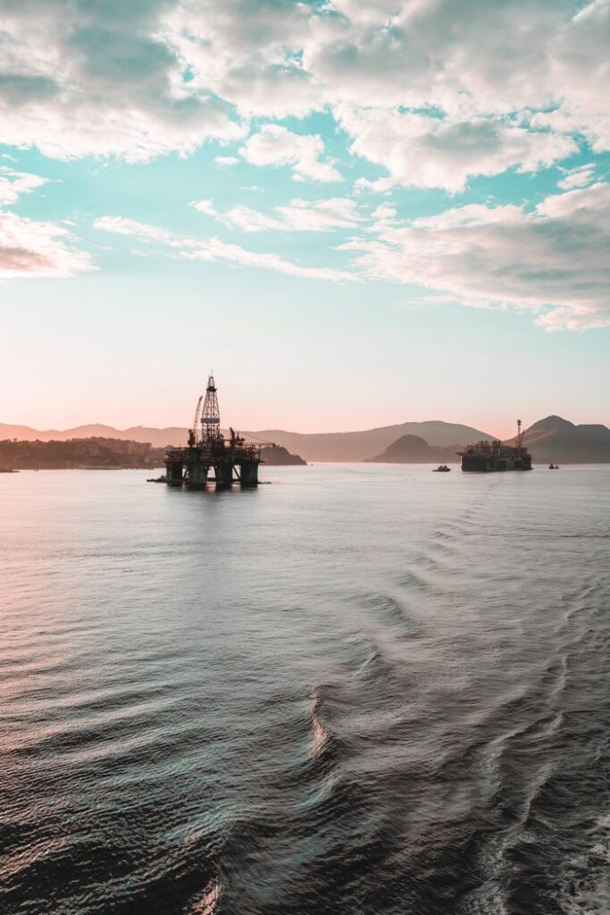 Scenic view of oil rigs at sunset in Guanabara Bay, Rio de Janeiro, Brazil.